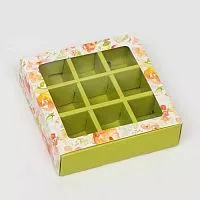 Коробка для 9 конфет "Весна зеленая" 13,8*13,8*3,8см