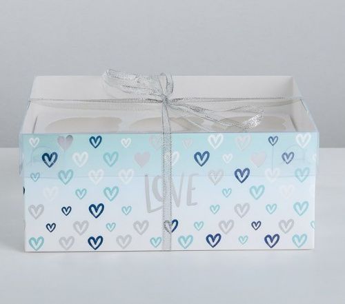 Коробка для 6 капкейков голуб "Love" 16*23*10см